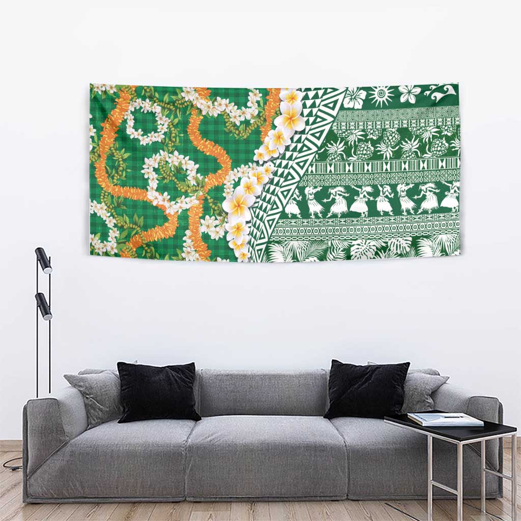 Hawaiian Plumeria Lei Tapestry Kakau Motifs and Palaka Half Style Green Color LT03 - Polynesian Pride