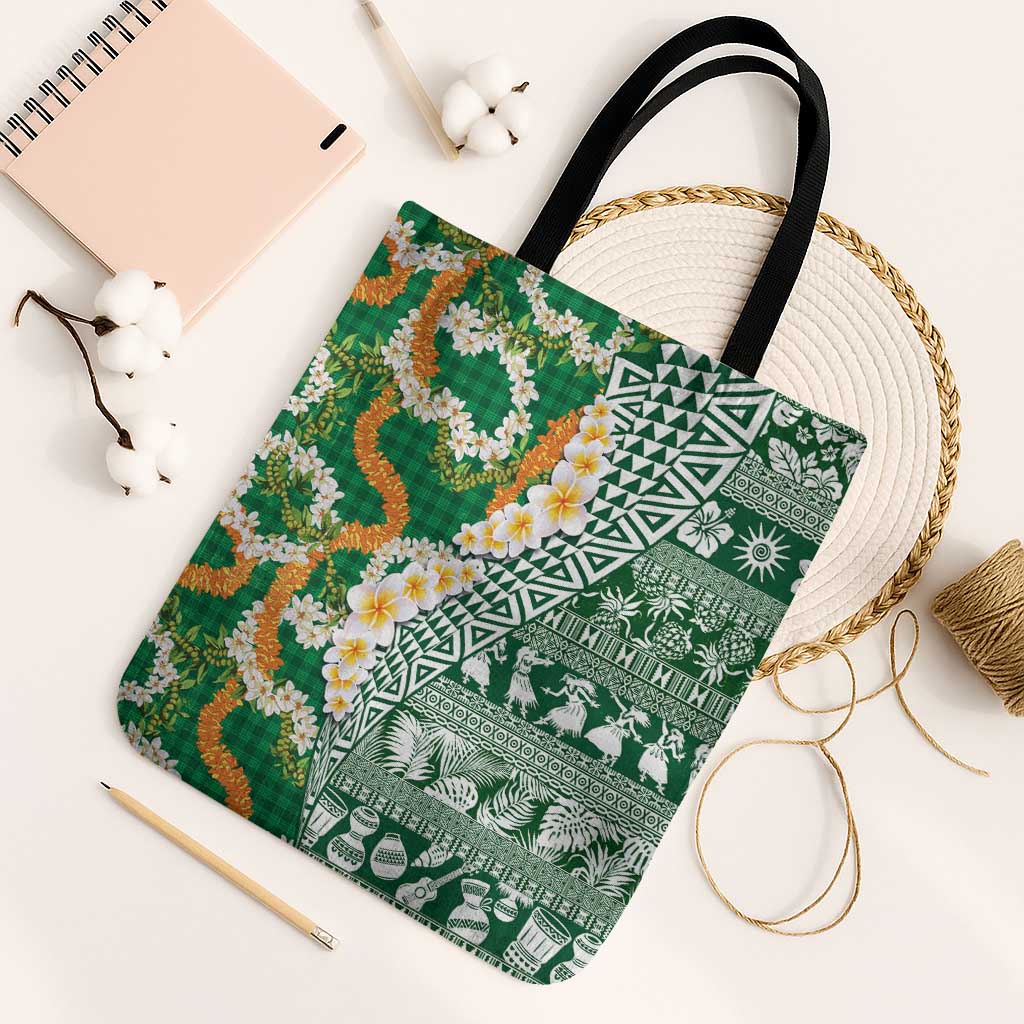 Hawaiian Plumeria Lei Tote Bag Kakau Motifs and Palaka Half Style Green Color LT03 Black Strap One Size Green - Polynesian Pride