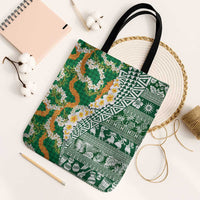 Hawaiian Plumeria Lei Tote Bag Kakau Motifs and Palaka Half Style Green Color LT03 Black Strap One Size Green - Polynesian Pride