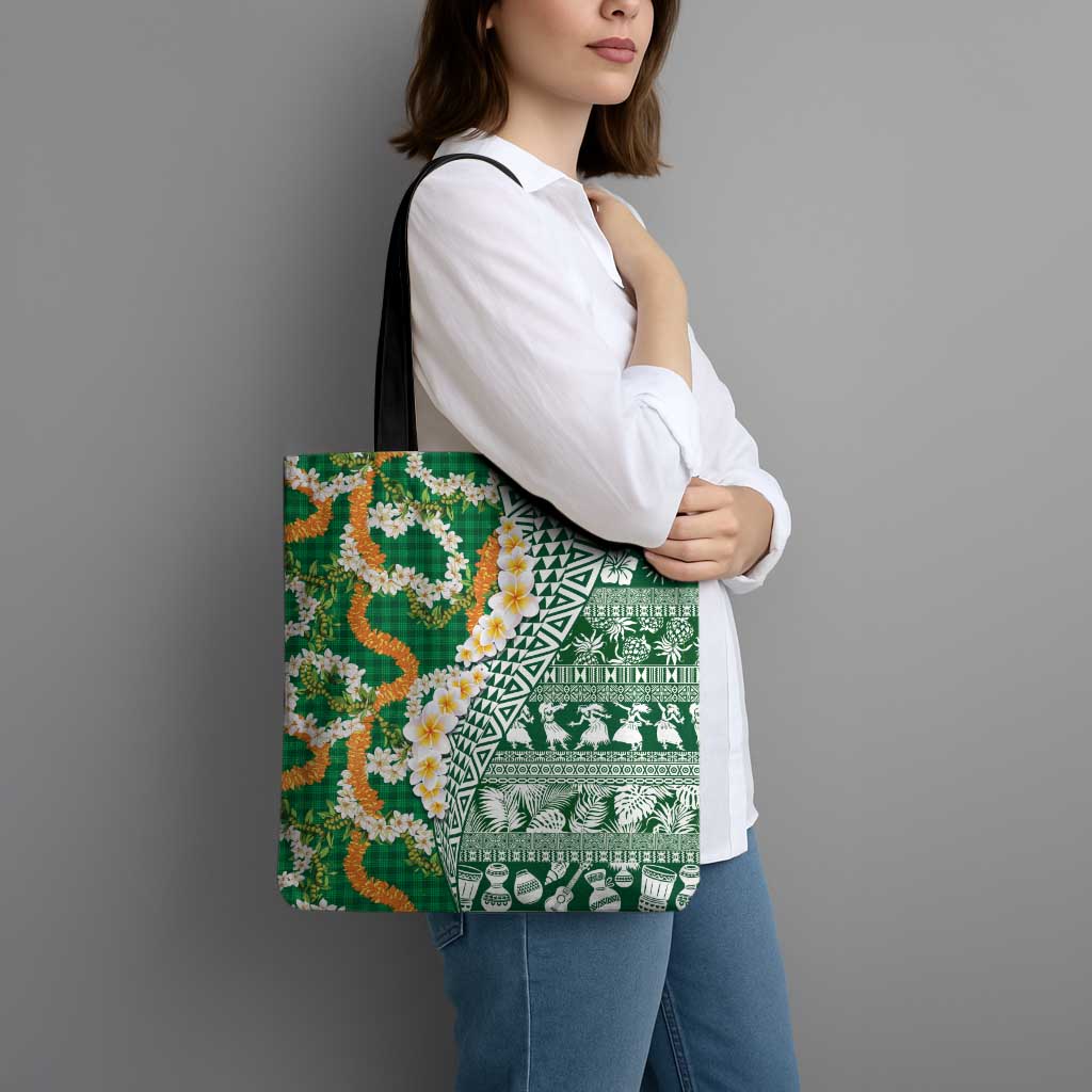 Hawaiian Plumeria Lei Tote Bag Kakau Motifs and Palaka Half Style Green Color LT03 - Polynesian Pride