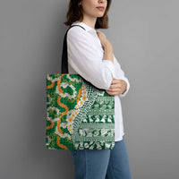 Hawaiian Plumeria Lei Tote Bag Kakau Motifs and Palaka Half Style Green Color LT03 - Polynesian Pride