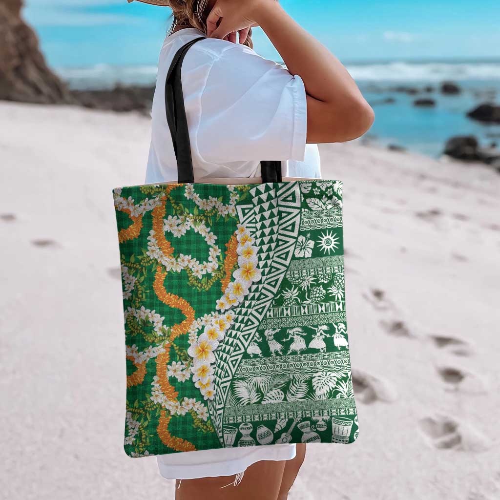 Hawaiian Plumeria Lei Tote Bag Kakau Motifs and Palaka Half Style Green Color LT03 - Polynesian Pride
