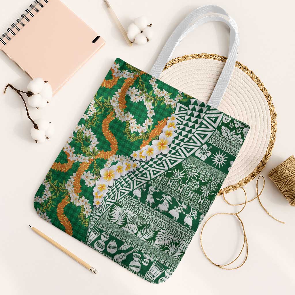 Hawaiian Plumeria Lei Tote Bag Kakau Motifs and Palaka Half Style Green Color LT03 White Strap One Size Green - Polynesian Pride