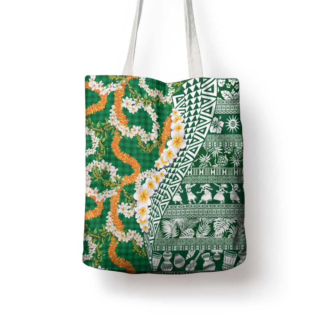 Hawaiian Plumeria Lei Tote Bag Kakau Motifs and Palaka Half Style Green Color LT03 - Polynesian Pride
