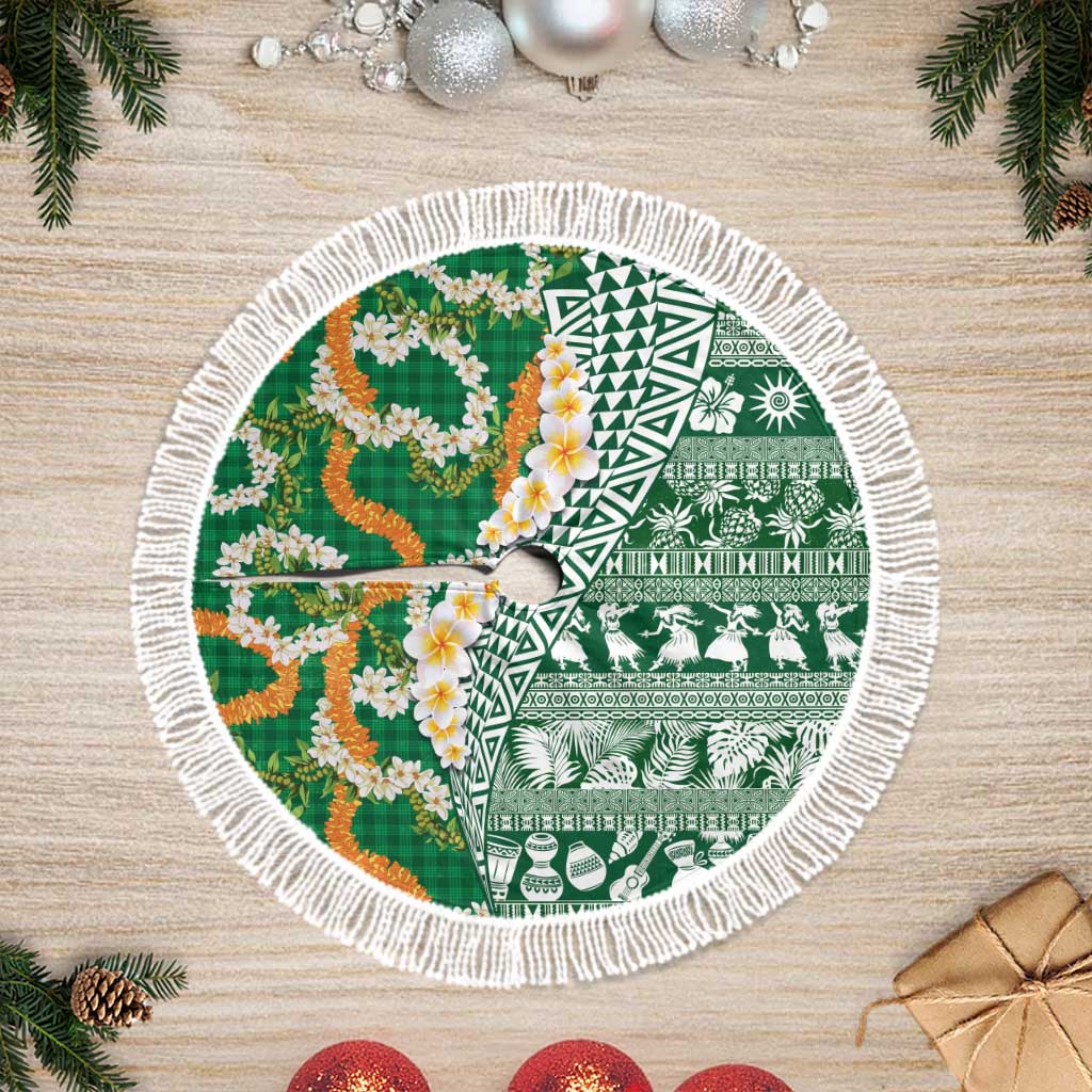 Hawaiian Plumeria Lei Tree Skirt Kakau Motifs and Palaka Half Style Green Color LT03 Fringed Green - Polynesian Pride