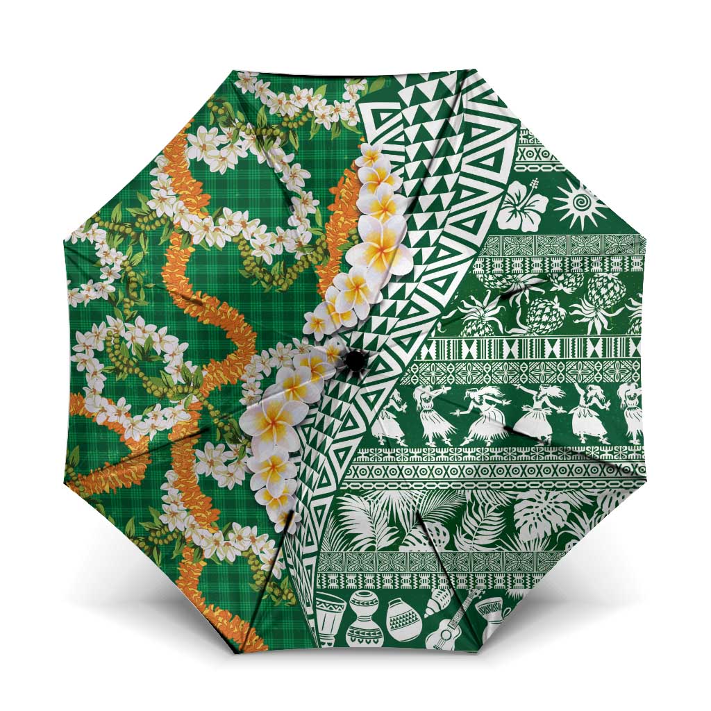 Hawaiian Plumeria Lei Umbrella Kakau Motifs and Palaka Half Style Green Color LT03 One Size Folded 11.42 inch Opened Diameter 37.4 inch Green - Polynesian Pride