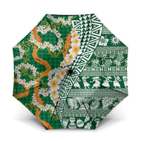 Hawaiian Plumeria Lei Umbrella Kakau Motifs and Palaka Half Style Green Color LT03 One Size Folded 11.42 inch Opened Diameter 37.4 inch Green - Polynesian Pride