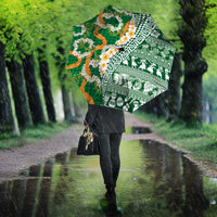 Hawaiian Plumeria Lei Umbrella Kakau Motifs and Palaka Half Style Green Color LT03 - Polynesian Pride