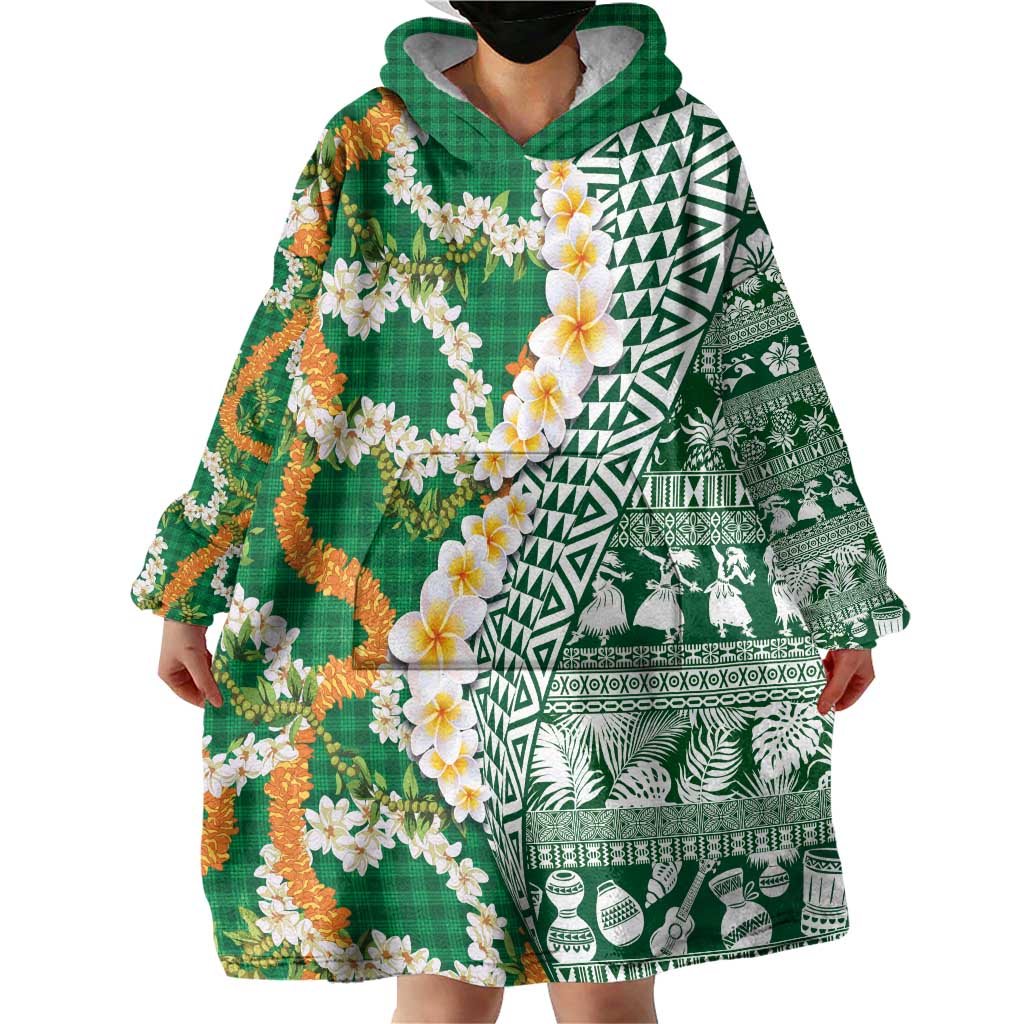 Hawaiian Plumeria Lei Wearable Blanket Hoodie Kakau Motifs and Palaka Half Style Green Color LT03 - Polynesian Pride