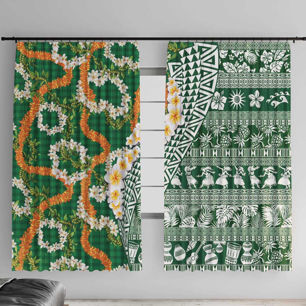 Hawaiian Plumeria Lei Window Curtain Kakau Motifs and Palaka Half Style Green Color LT03 With Hooks Green - Polynesian Pride
