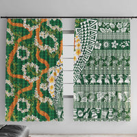 Hawaiian Plumeria Lei Window Curtain Kakau Motifs and Palaka Half Style Green Color LT03 With Hooks Green - Polynesian Pride