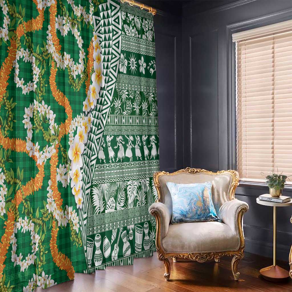 Hawaiian Plumeria Lei Window Curtain Kakau Motifs and Palaka Half Style Green Color LT03 - Polynesian Pride