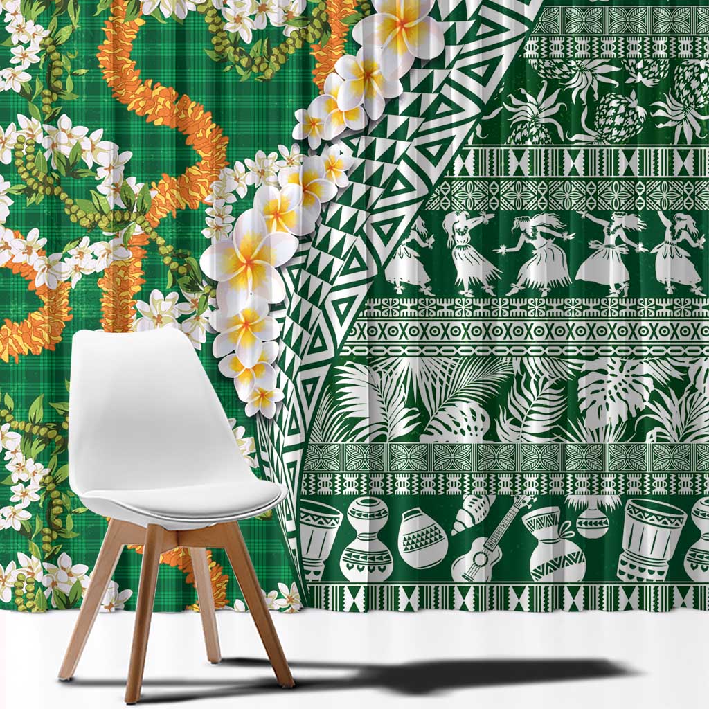 Hawaiian Plumeria Lei Window Curtain Kakau Motifs and Palaka Half Style Green Color LT03 - Polynesian Pride