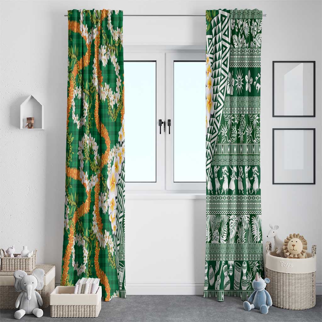 Hawaiian Plumeria Lei Window Curtain Kakau Motifs and Palaka Half Style Green Color LT03 - Polynesian Pride