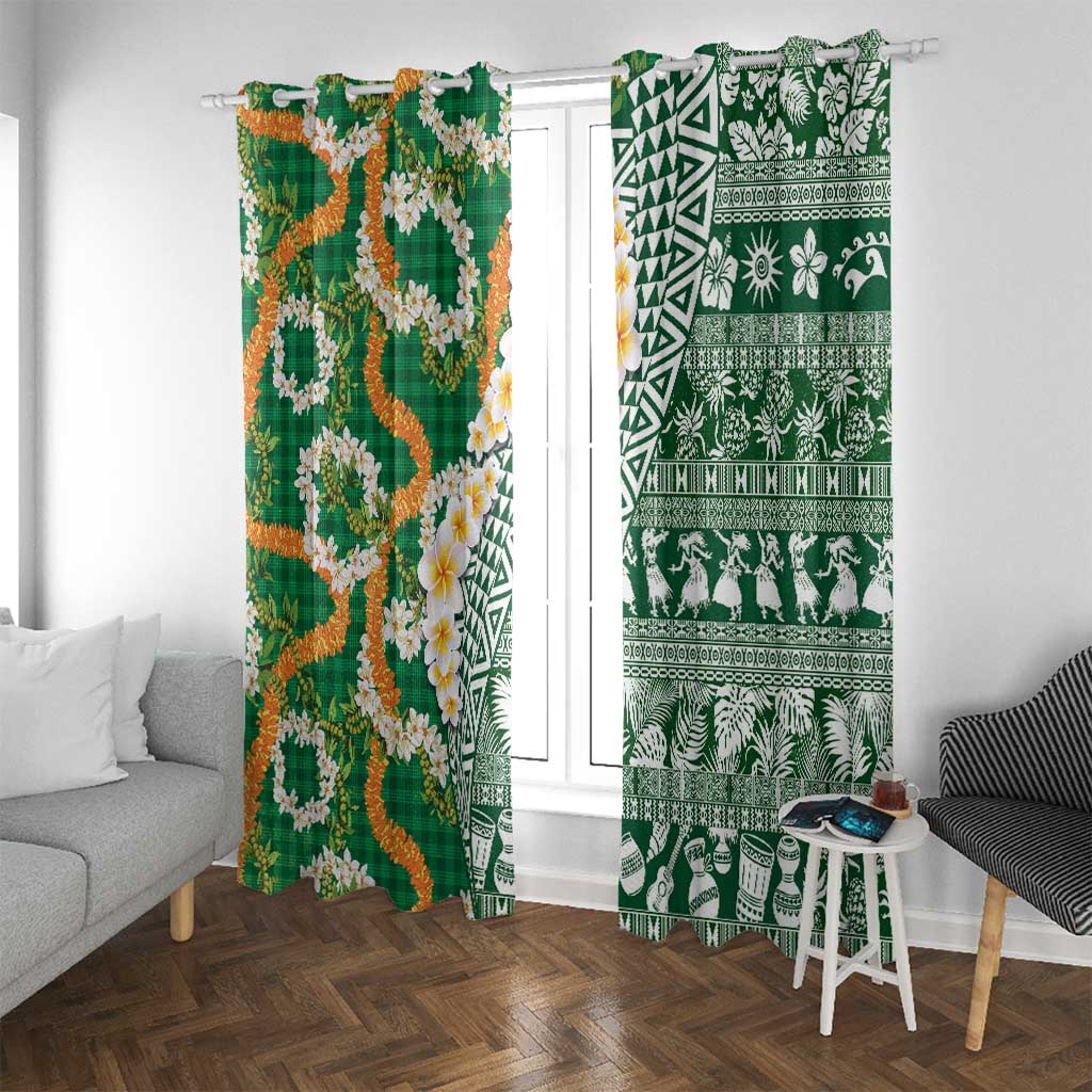 Hawaiian Plumeria Lei Window Curtain Kakau Motifs and Palaka Half Style Green Color LT03 With Grommets Green - Polynesian Pride