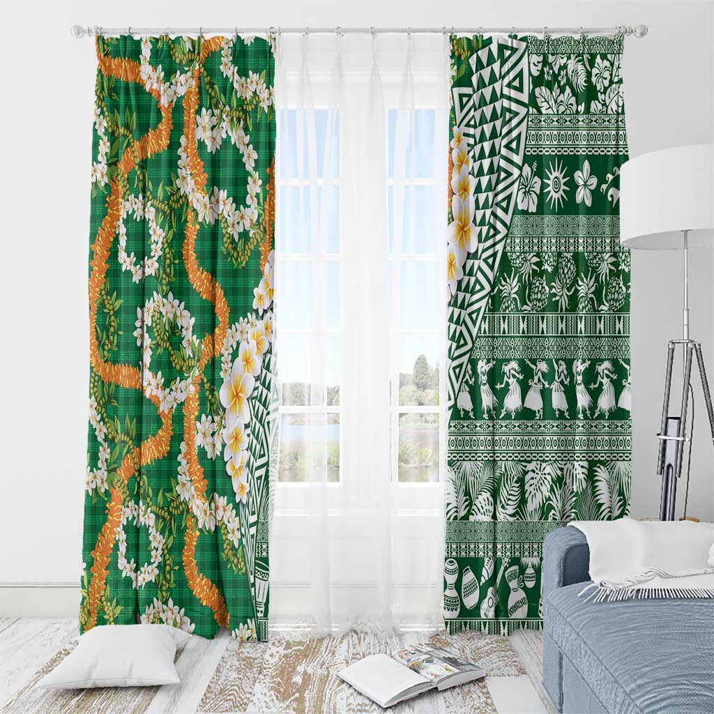 Hawaiian Plumeria Lei Window Curtain Kakau Motifs and Palaka Half Style Green Color LT03 - Polynesian Pride