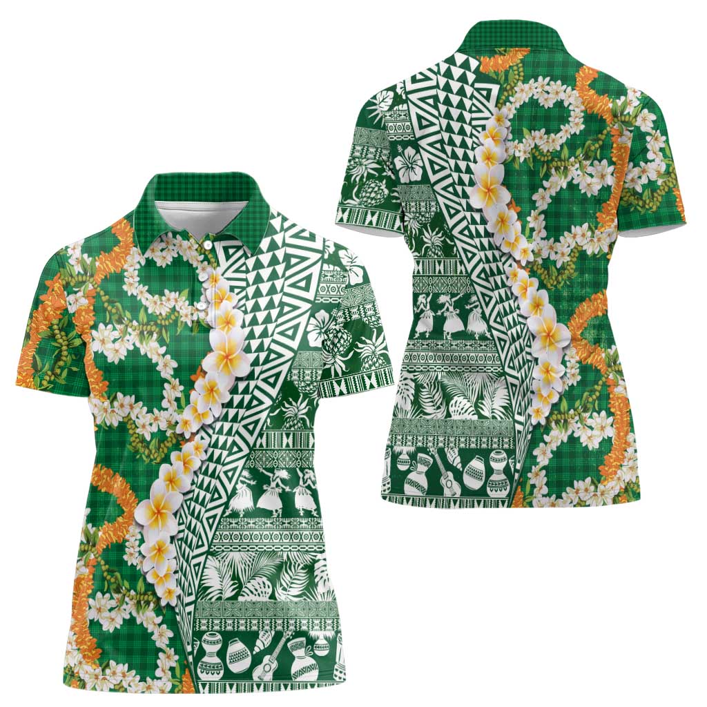 Hawaiian Plumeria Lei Women Polo Shirt Kakau Motifs and Palaka Half Style Green Color LT03 - Polynesian Pride