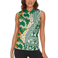 Hawaiian Plumeria Lei Women Sleeveless Polo Shirt Kakau Motifs and Palaka Half Style Green Color LT03 - Polynesian Pride