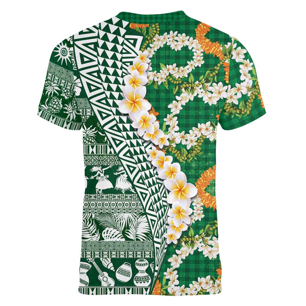 Hawaiian Plumeria Lei Women V-Neck T-Shirt Kakau Motifs and Palaka Half Style Green Color LT03 - Polynesian Pride