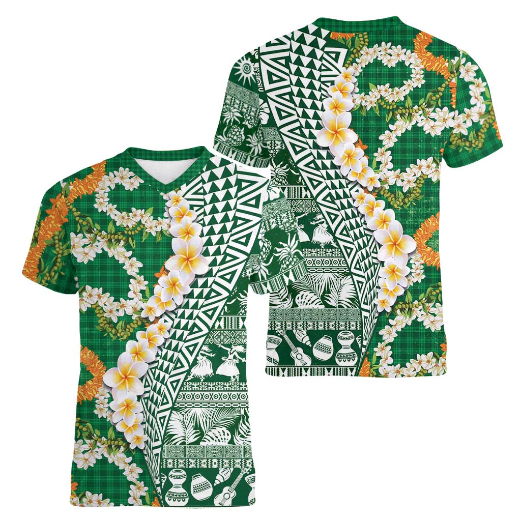 Hawaiian Plumeria Lei Women V-Neck T-Shirt Kakau Motifs and Palaka Half Style Green Color LT03 - Polynesian Pride