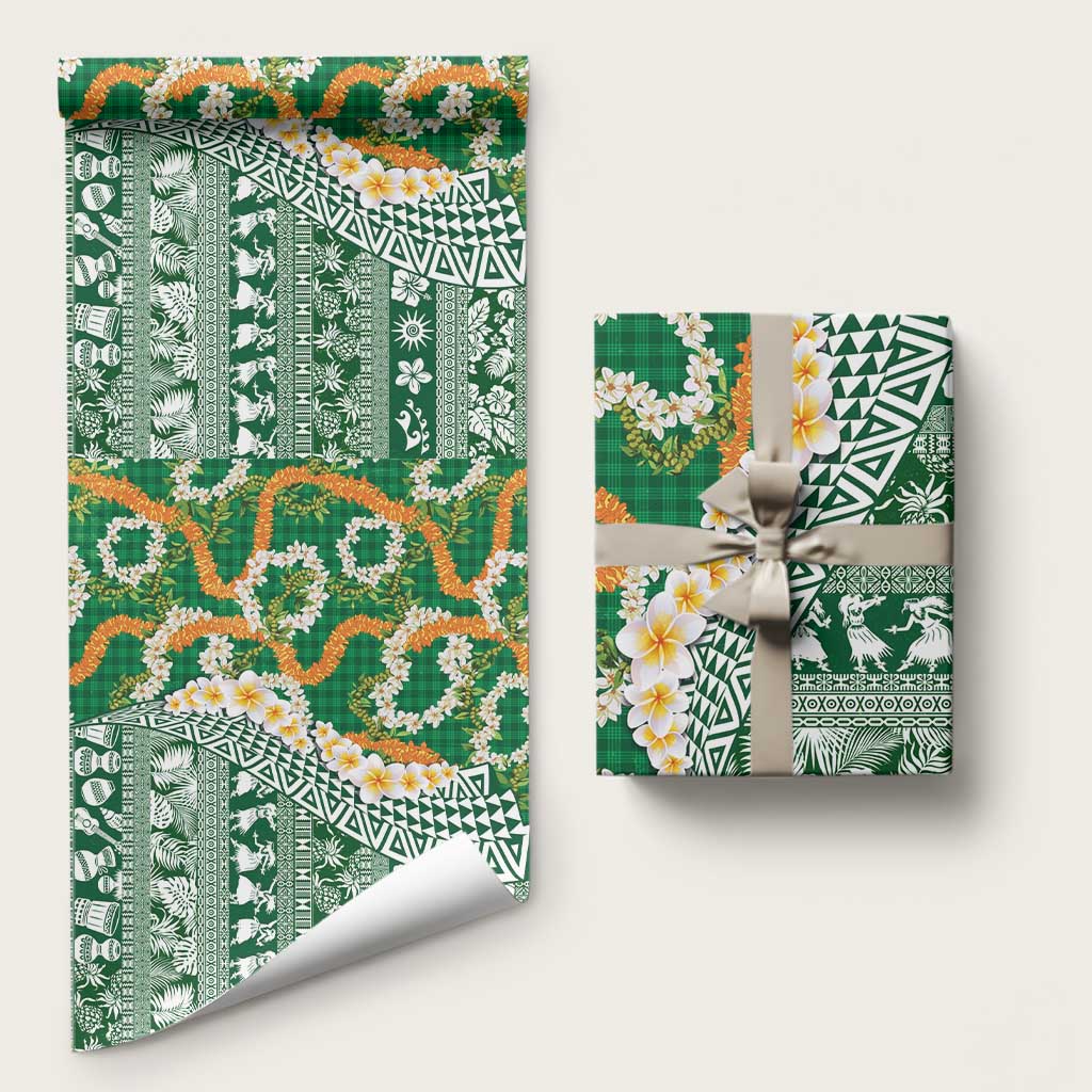 Hawaiian Plumeria Lei Wrapping Paper Kakau Motifs and Palaka Half Style Green Color LT03 58" × 23" Green - Polynesian Pride