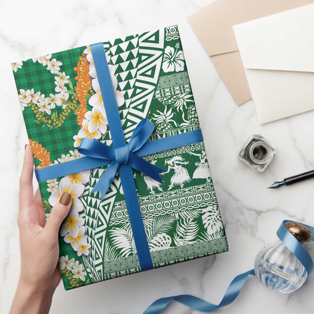 Hawaiian Plumeria Lei Wrapping Paper Kakau Motifs and Palaka Half Style Green Color LT03 - Polynesian Pride