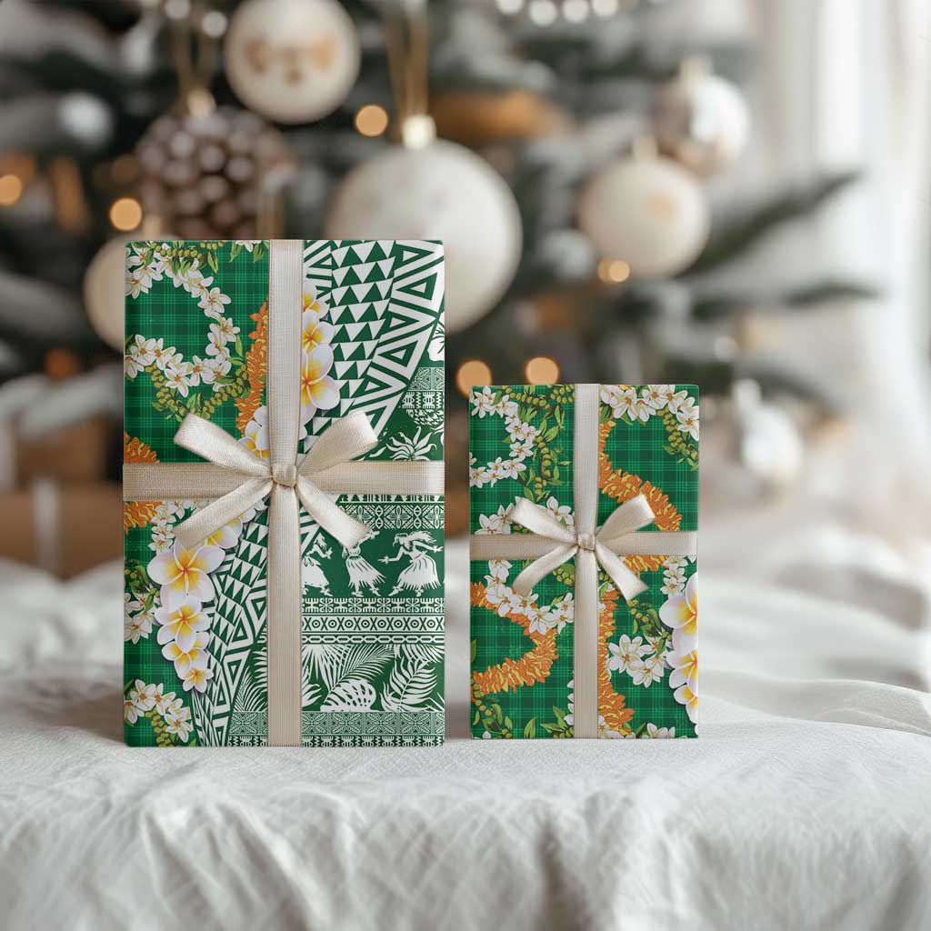 Hawaiian Plumeria Lei Wrapping Paper Kakau Motifs and Palaka Half Style Green Color LT03 - Polynesian Pride