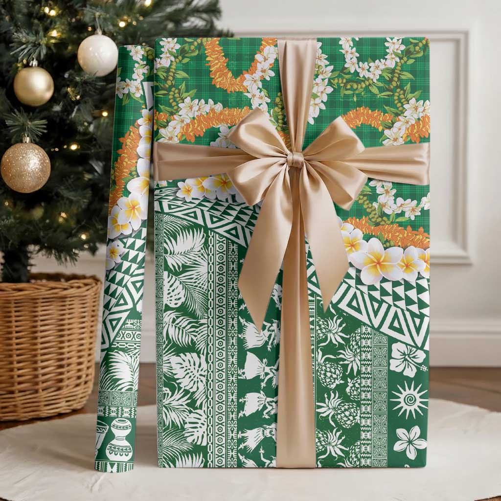 Hawaiian Plumeria Lei Wrapping Paper Kakau Motifs and Palaka Half Style Green Color LT03 - Polynesian Pride