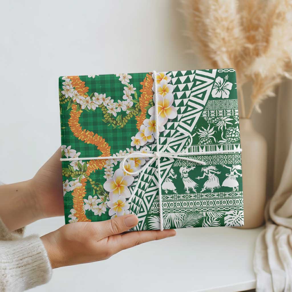 Hawaiian Plumeria Lei Wrapping Paper Kakau Motifs and Palaka Half Style Green Color LT03 - Polynesian Pride