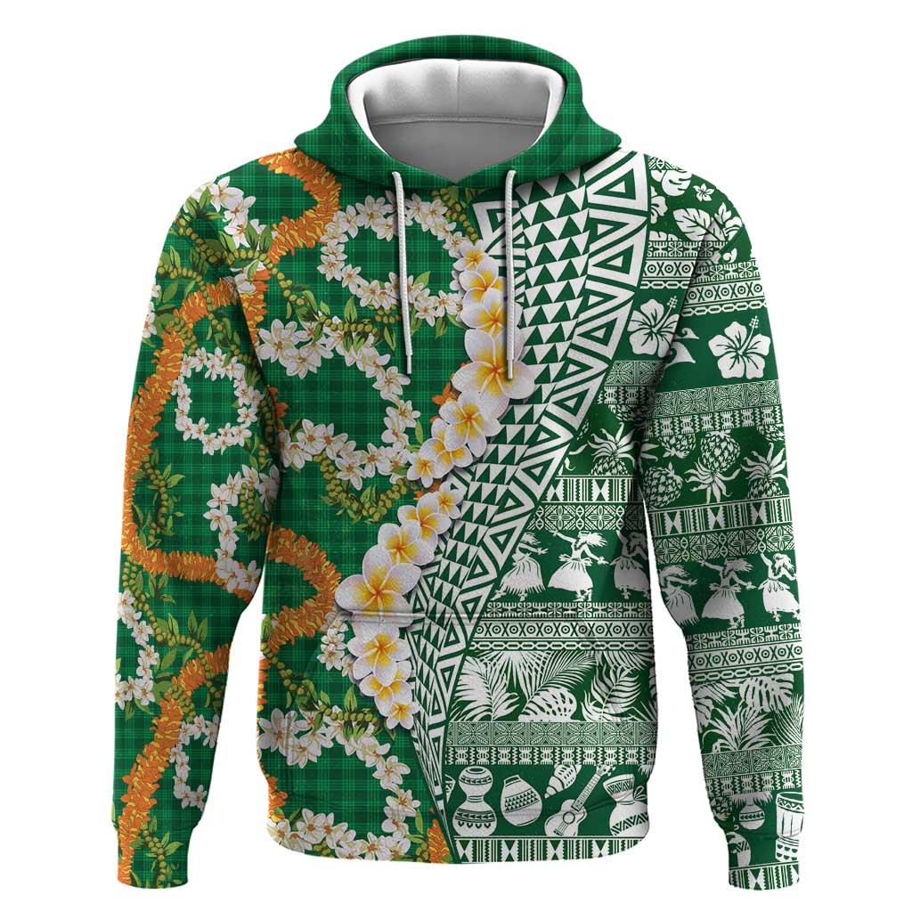 Hawaiian Plumeria Lei Zip Hoodie Kakau Motifs and Palaka Half Style Green Color LT03 Pullover Hoodie Green - Polynesian Pride
