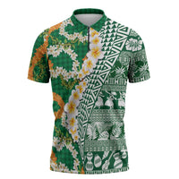 Hawaiian Plumeria Lei Zipper Polo Shirt Kakau Motifs and Palaka Half Style Green Color LT03 Green - Polynesian Pride