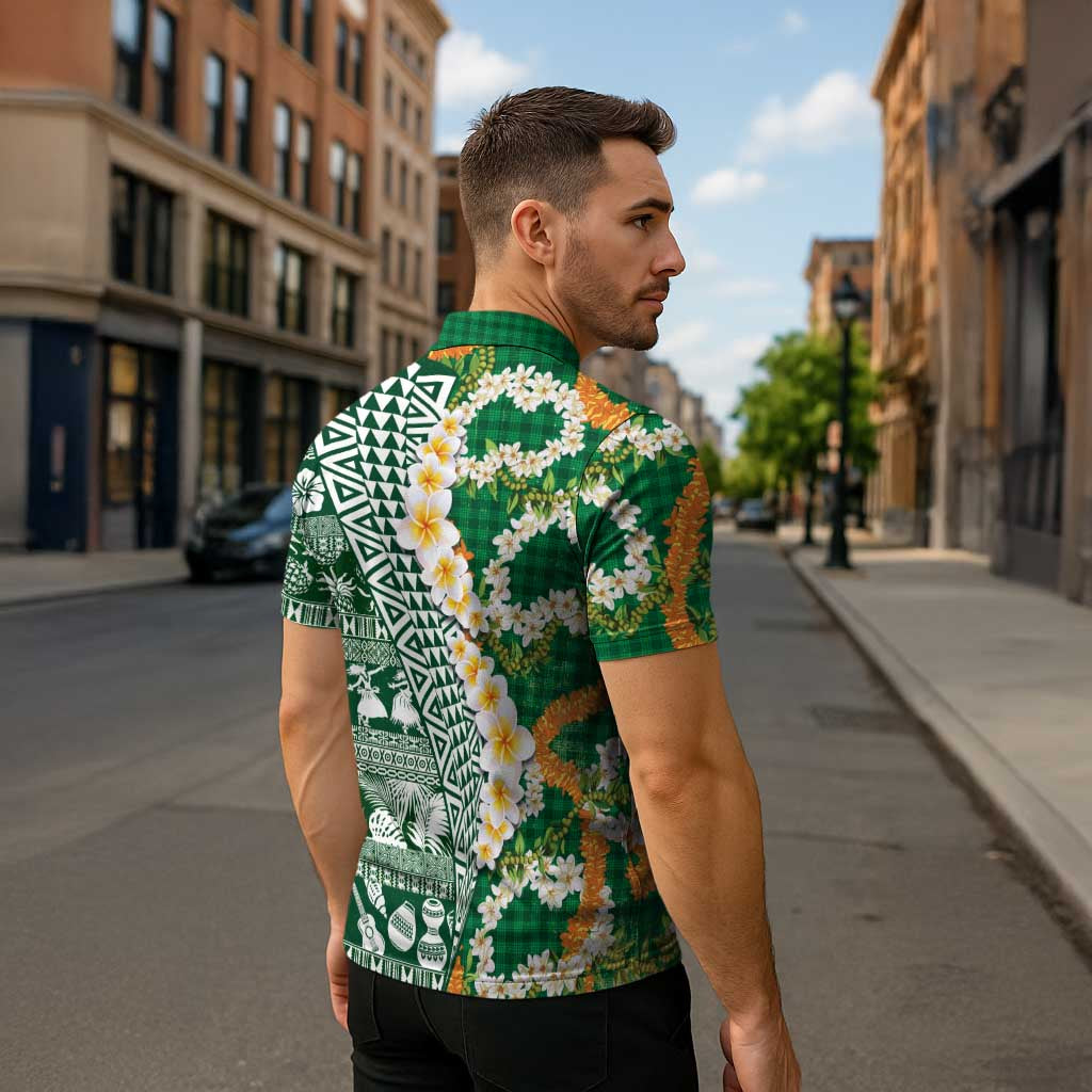 Hawaiian Plumeria Lei Zipper Polo Shirt Kakau Motifs and Palaka Half Style Green Color LT03 - Polynesian Pride