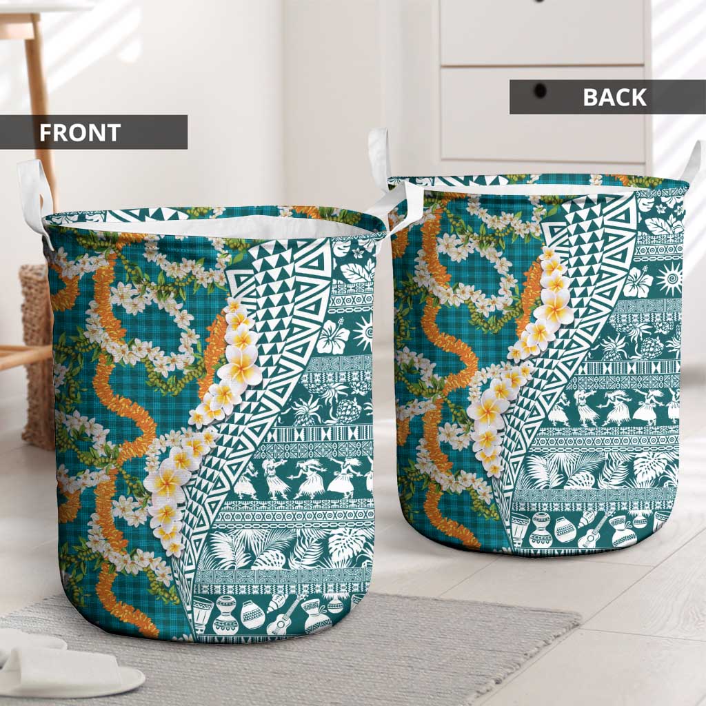 Hawaiian Plumeria Lei Laundry Basket Kakau Motifs and Palaka Half Style Turquoise Color - Polynesian Pride