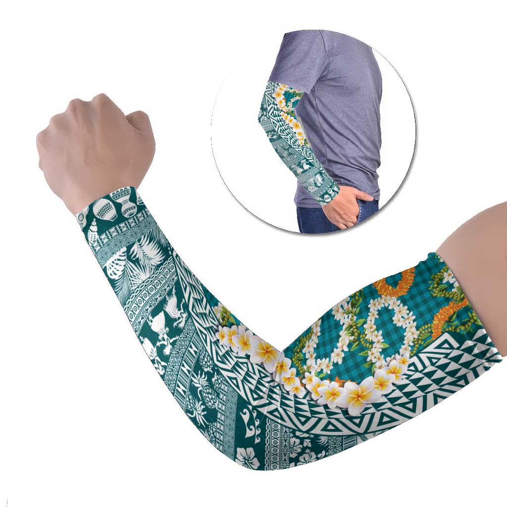 Hawaiian Plumeria Lei Arm Sleeves Kakau Motifs and Palaka Half Style Turquoise Color LT03 Set of 2 Turquoise - Polynesian Pride