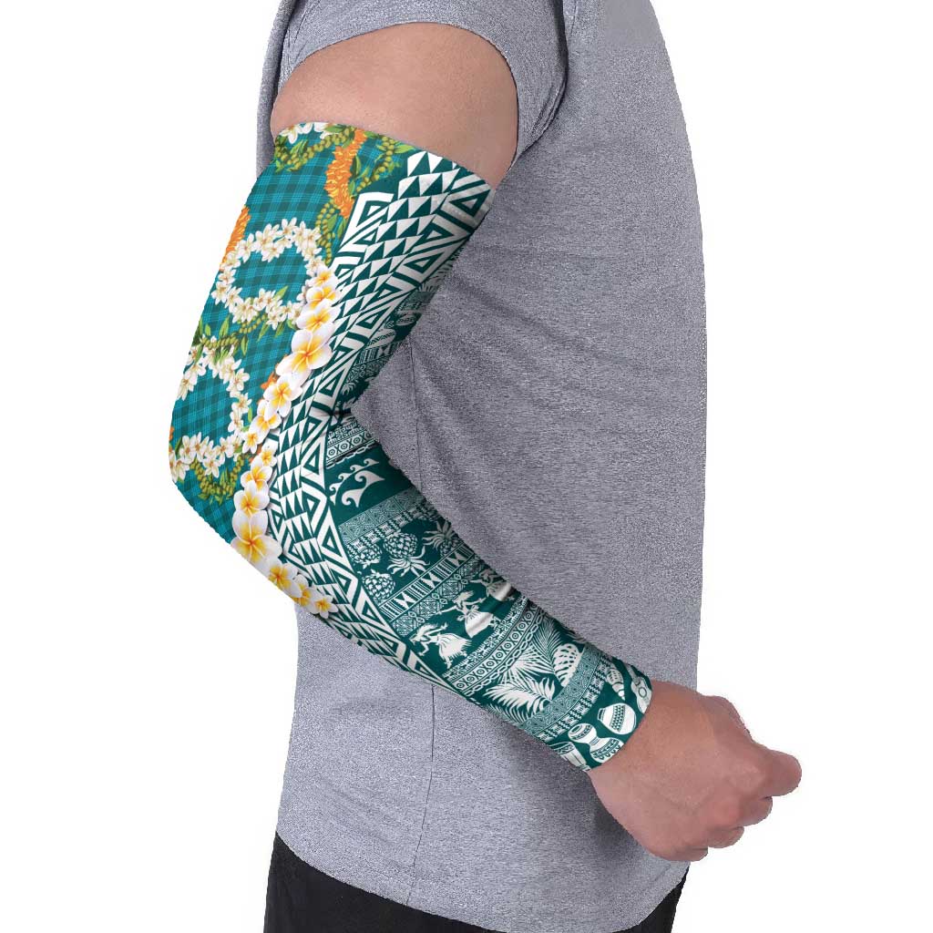 Hawaiian Plumeria Lei Arm Sleeves Kakau Motifs and Palaka Half Style Turquoise Color LT03 - Polynesian Pride