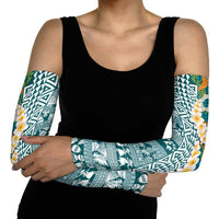Hawaiian Plumeria Lei Arm Sleeves Kakau Motifs and Palaka Half Style Turquoise Color LT03 - Polynesian Pride