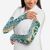Hawaiian Plumeria Lei Arm Sleeves Kakau Motifs and Palaka Half Style Turquoise Color LT03 - Polynesian Pride