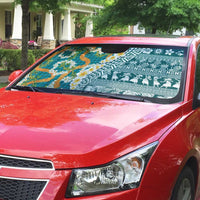 Hawaiian Plumeria Lei Auto Sun Shade Kakau Motifs and Palaka Half Style Turquoise Color LT03 - Polynesian Pride