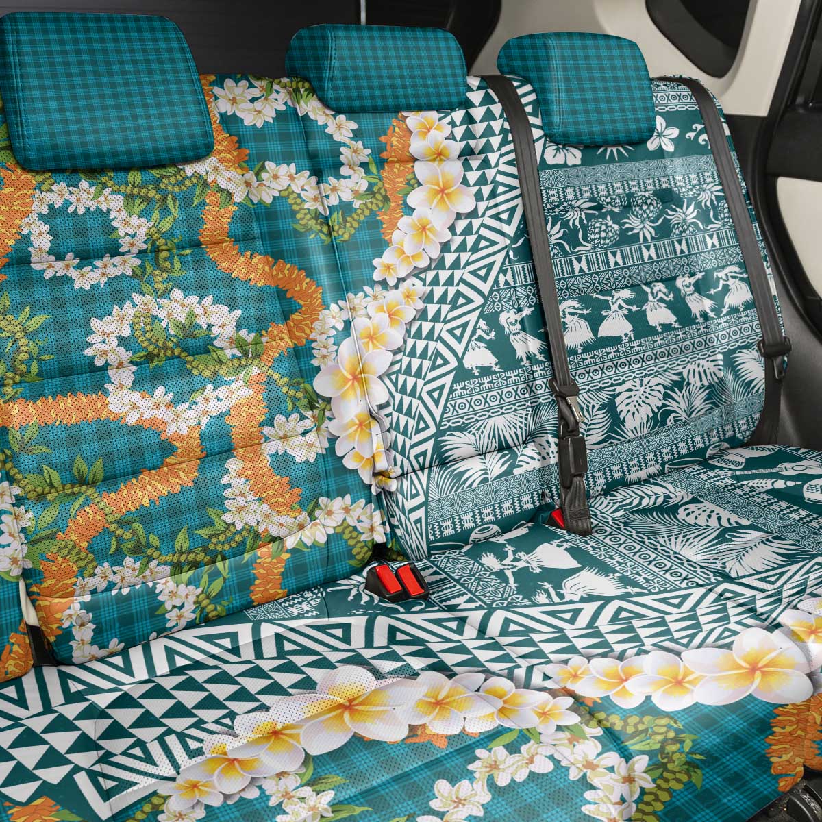 Hawaiian Plumeria Lei Back Car Seat Cover Kakau Motifs and Palaka Half Style Turquoise Color LT03 - Polynesian Pride
