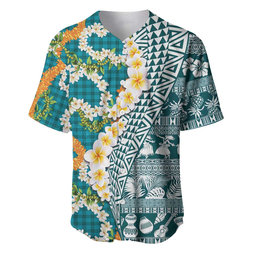 Hawaiian Plumeria Lei Baseball Jersey Kakau Motifs and Palaka Half Style Turquoise Color LT03 Turquoise - Polynesian Pride