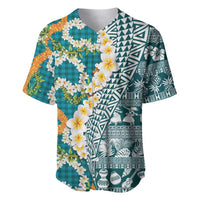 Hawaiian Plumeria Lei Baseball Jersey Kakau Motifs and Palaka Half Style Turquoise Color LT03 Turquoise - Polynesian Pride