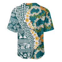 Hawaiian Plumeria Lei Baseball Jersey Kakau Motifs and Palaka Half Style Turquoise Color LT03 - Polynesian Pride