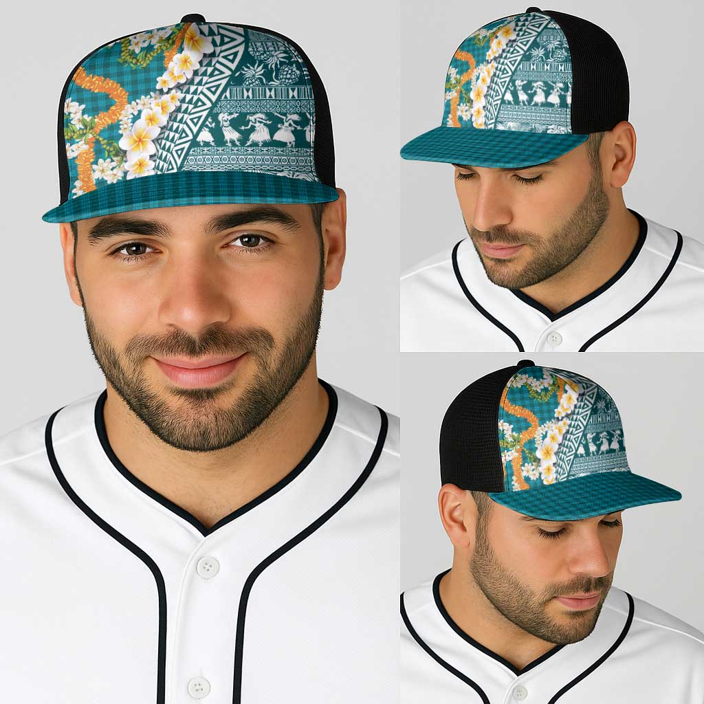 Hawaiian Plumeria Lei Baseball Net Cap Kakau Motifs and Palaka Half Style Turquoise Color - Polynesian Pride