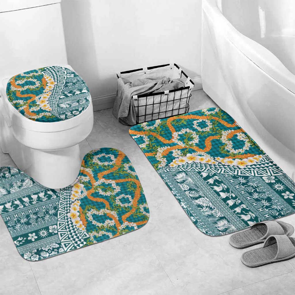 Hawaiian Plumeria Lei Bathroom Set Kakau Motifs and Palaka Half Style Turquoise Color - Polynesian Pride