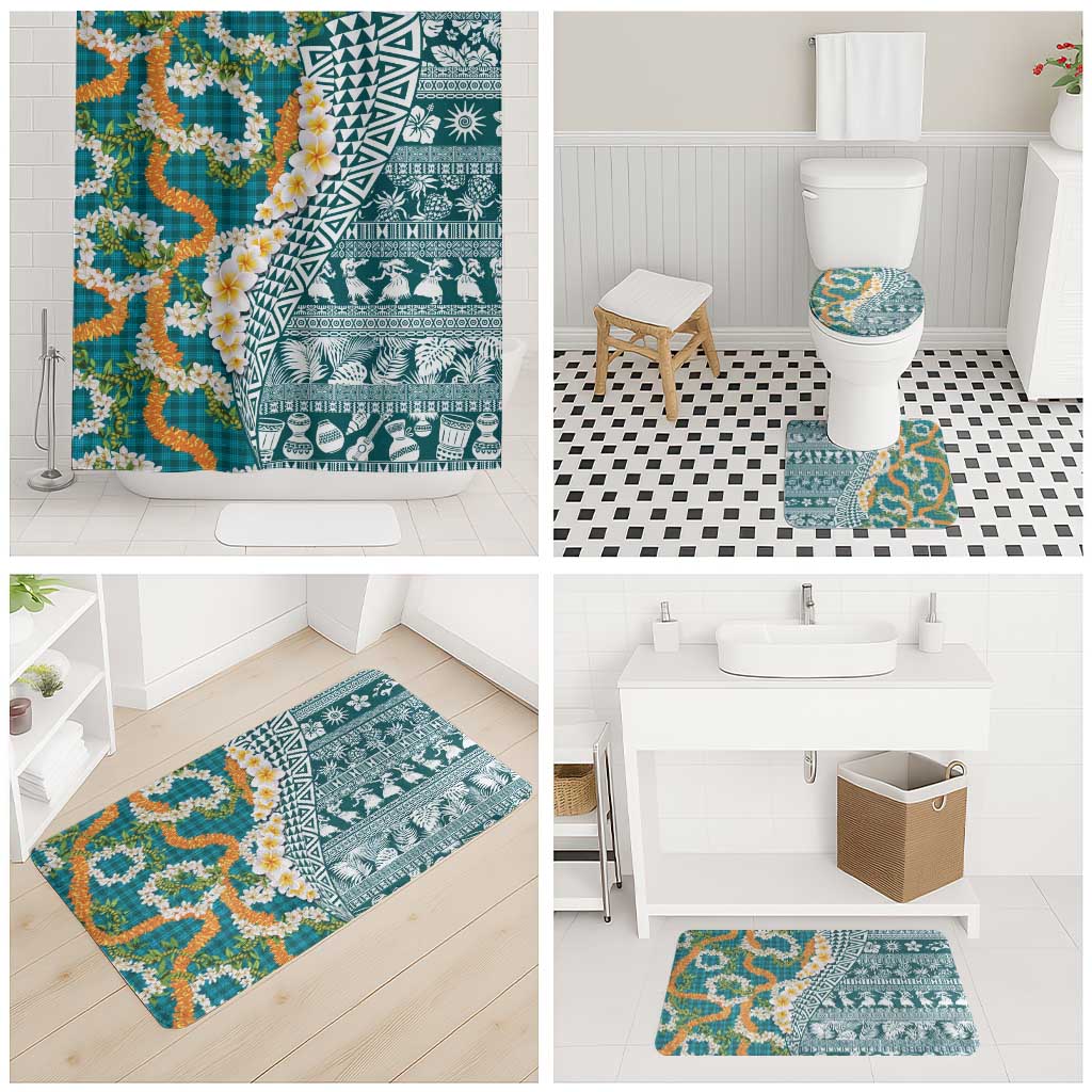 Hawaiian Plumeria Lei Bathroom Set Kakau Motifs and Palaka Half Style Turquoise Color - Polynesian Pride