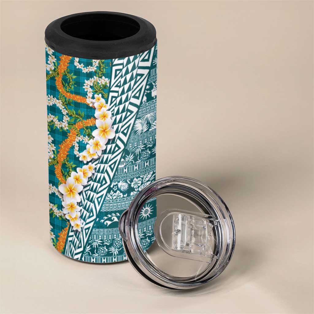 Hawaiian Plumeria Lei 4 in 1 Can Cooler Tumbler Kakau Motifs and Palaka Half Style Turquoise Color LT03 - Polynesian Pride