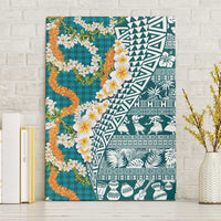Hawaiian Plumeria Lei Canvas Wall Art Kakau Motifs and Palaka Half Style Turquoise Color LT03 Without Frame Turquoise - Polynesian Pride