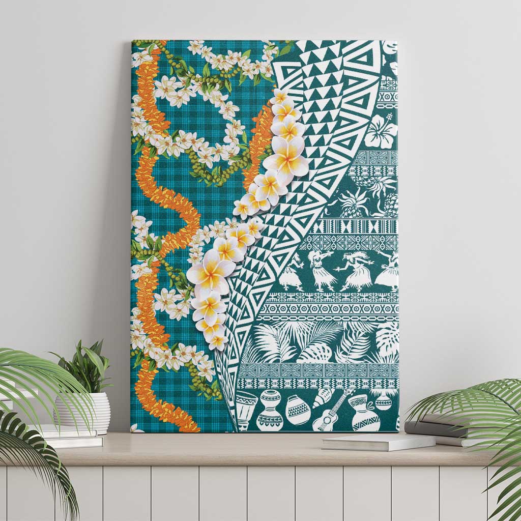 Hawaiian Plumeria Lei Canvas Wall Art Kakau Motifs and Palaka Half Style Turquoise Color LT03 - Polynesian Pride