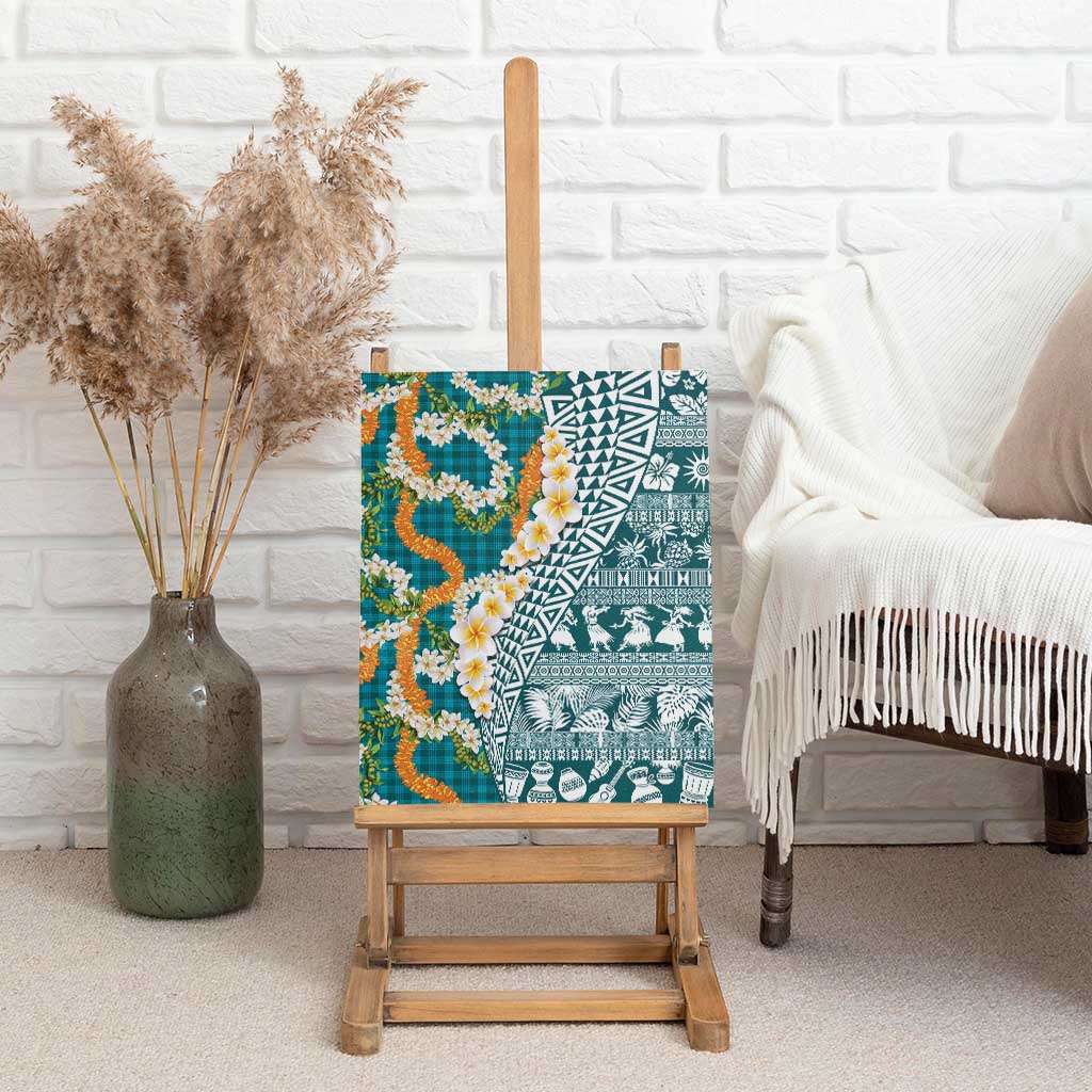 Hawaiian Plumeria Lei Canvas Wall Art Kakau Motifs and Palaka Half Style Turquoise Color LT03 - Polynesian Pride