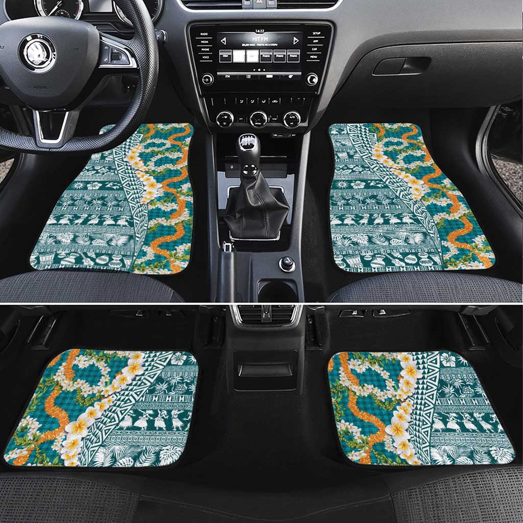 Hawaiian Plumeria Lei Car Mats Kakau Motifs and Palaka Half Style Turquoise Color LT03 Set 4pcs Turquoise - Polynesian Pride